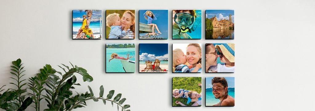 Un mural de fotos con cuadros adhesivos.