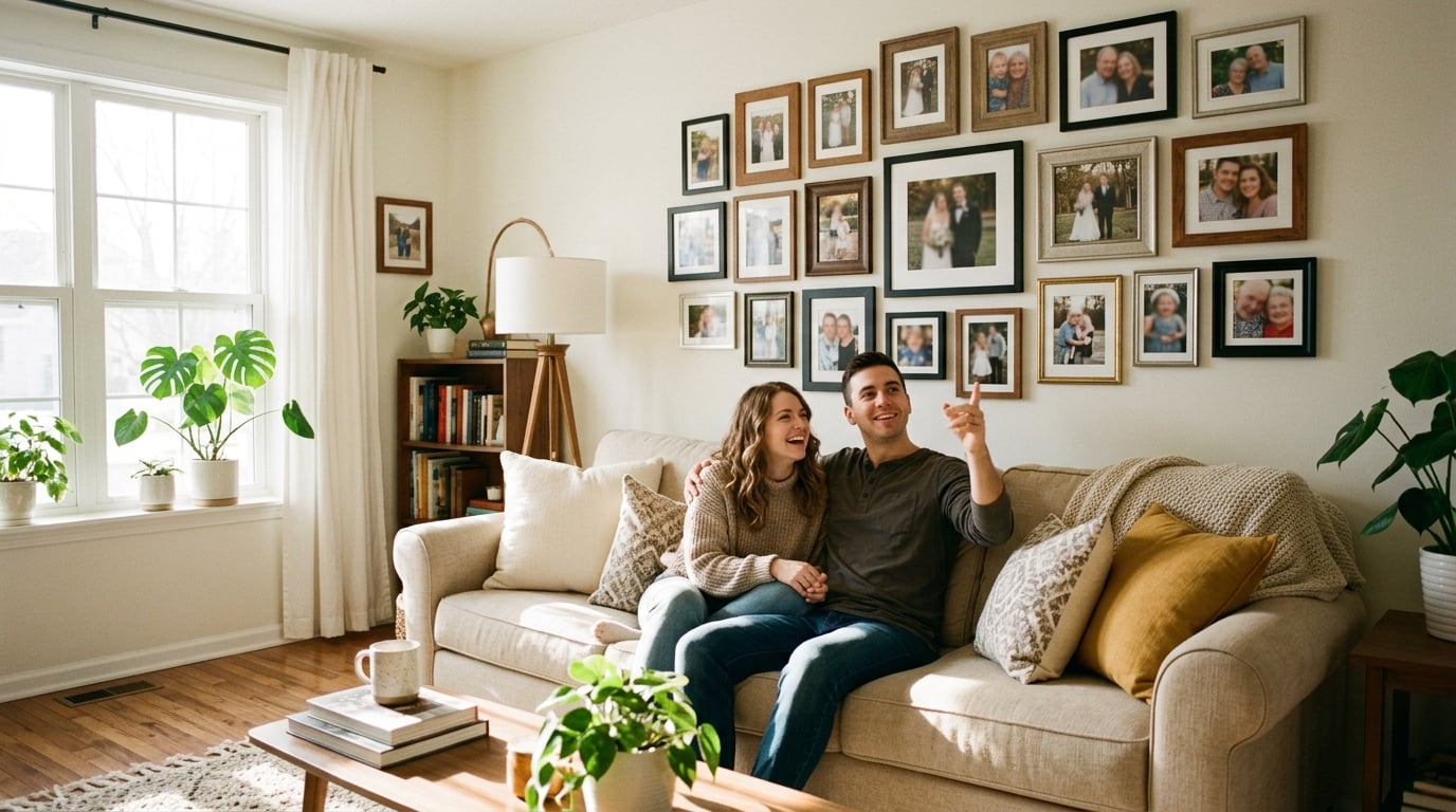 ideas para colgar fotos en el salón - Un salón luminoso y acogedor con una pared de galería de fotos familiares cuidadosamente dispuesta sobre un sofá de tela beige. La luz del sol entra por una ventana, iluminando el espacio. Una pareja joven está sentada en el sofá, ligeramente desenfocada, sonriendo mientras miran las fotos en la pared. El ambiente es cálido, feliz y lleno de amor.