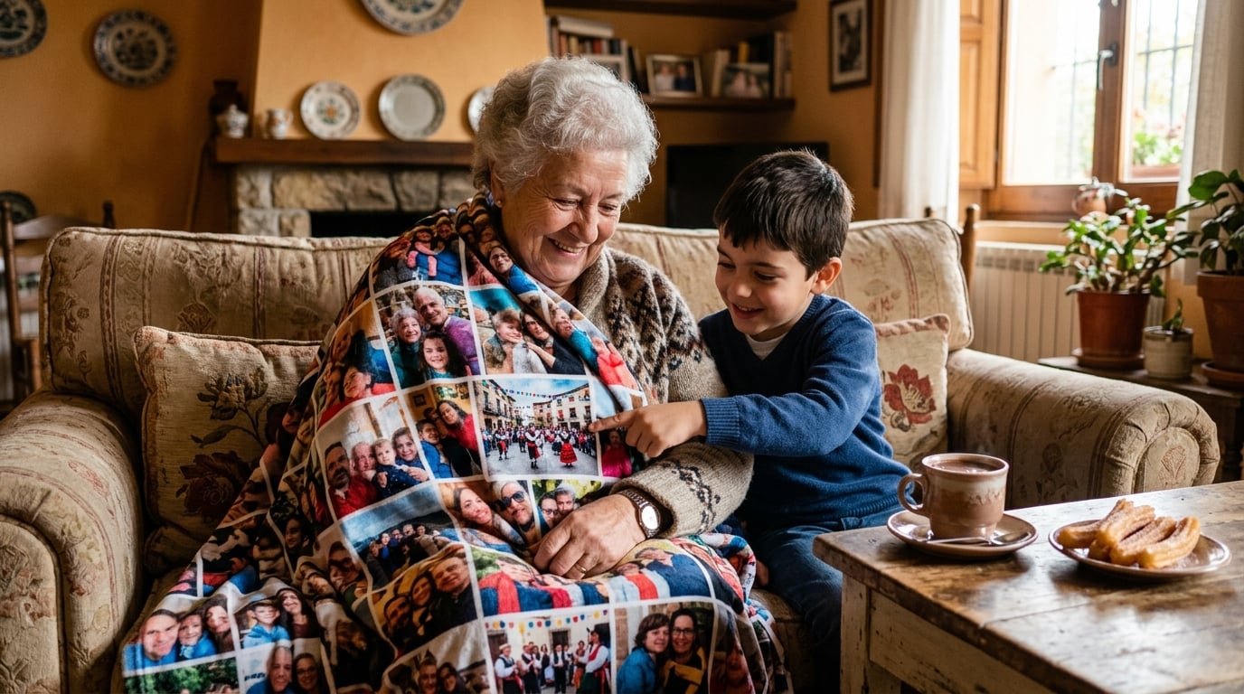 manta personalizada con fotos - Una abuela con el pelo canoso y una sonrisa cálida está sentada en un sofá acogedor en un salón de estilo español, envuelta en una manta personalizada llena de fotos familiares. A su lado, su nieto señala una foto de las fiestas del pueblo. Sobre una mesita auxiliar, hay una taza de chocolate caliente y un plato con churros. La iluminación es suave y hogareña.