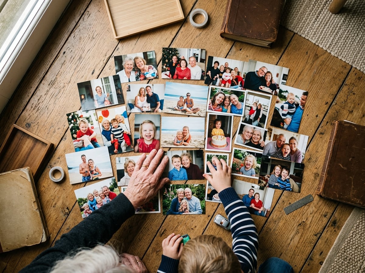 Una toma cenital de las manos de una abuela y su nieto pequeño sobre un suelo de madera rústica. Están colocando varias impresiones fotográficas de diferentes tamaños, planeando una composición. Las fotos muestran momentos familiares felices. La imagen evoca colaboración, legado y la creación de recuerdos juntos.