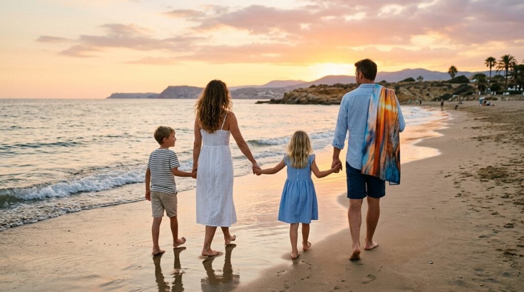 toalla de playa personalizada con foto - Golden hour on a serene Spanish beach. A happy family of four, parents in their late 30s, a boy around 8, a girl around 6, are walking away from the camera along the shoreline, holding hands. The father is carrying a brightly colored, photo-printed beach towel over his shoulder, but the photo on it is abstract and not the focus. The mood is warm, nostalgic, and peaceful.