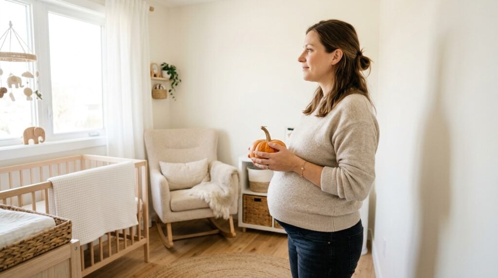 ideas póster embarazo semana 38 - Una mujer embarazada de 38 semanas, vista de perfil, se encuentra en una guardería de bebé luminosa y con colores neutros. Mira pensativamente una pared vacía, sosteniendo una pequeña calabaza en sus manos junto a su vientre. La luz de la ventana es suave y cálida, creando una atmósfera de serena anticipación. El enfoque está en su expresión esperanzada y el espacio listo para el bebé.