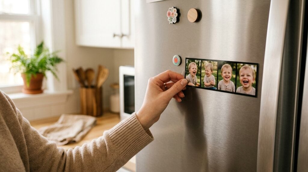 imanes de fotomatón personalizados - Una mano de mujer coloca con delicadeza una tira de fotos magnética en una nevera moderna y limpia. La tira muestra una secuencia de un niño pequeño riendo a carcajadas. La cocina está iluminada con una luz matutina suave y cálida, creando una atmósfera acogedora. El enfoque está en la conexión emocional con el recuerdo.