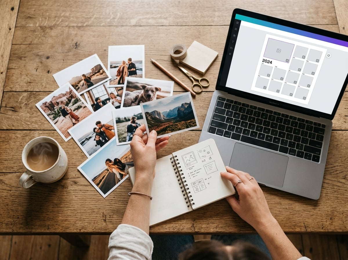 Una vista cenital de una mesa de madera limpia donde se está creando un calendario. Hay un puñado de fotos impresas esparcidas, una taza de café humeante y unas manos eligiendo una de las fotos. Al lado, un ordenador portátil muestra una interfaz de diseño de calendario con cuadrículas y marcadores de posición de fotos, sin texto visible. La atmósfera es creativa, personal y tranquila.