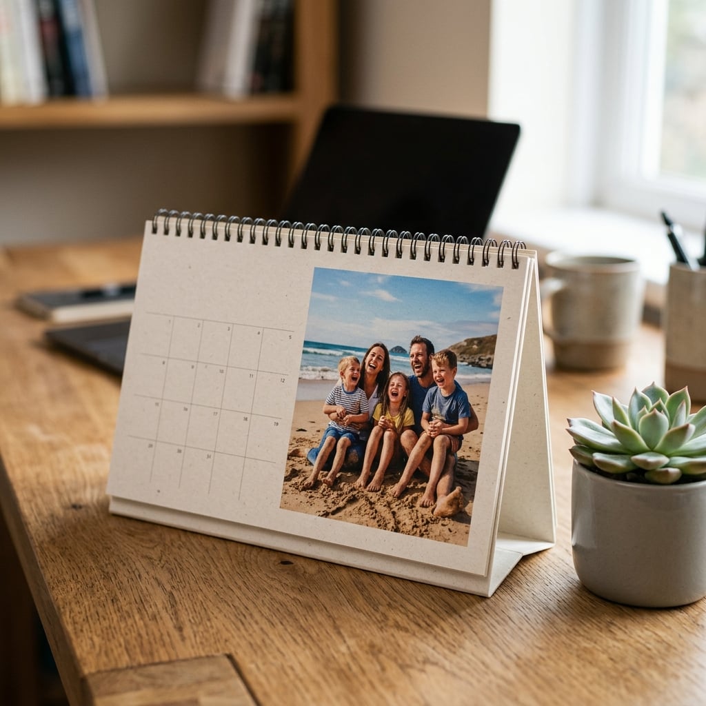 Un primer plano de un calendario de sobremesa personalizado apoyado en un escritorio de oficina en casa, junto a una pequeña planta suculenta. El enfoque está en la textura del papel grueso y la calidad de impresión vibrante de la foto del mes actual, que muestra a una familia riendo en la playa. El fondo está suavemente desenfocado, creando una sensación de calma y profesionalidad.