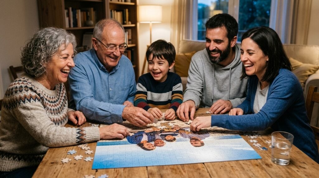puzzle personalizado con foto - Una familia española (abuelos, padres y un niño de 8 años) ríe mientras monta un gran puzzle fotográfico sobre una mesa de madera. La iluminación es cálida y acogedora. El puzzle muestra una foto soleada de la misma familia en la playa. El enfoque está en sus manos y rostros sonrientes, mostrando conexión. No hay texto visible en las piezas del puzzle.