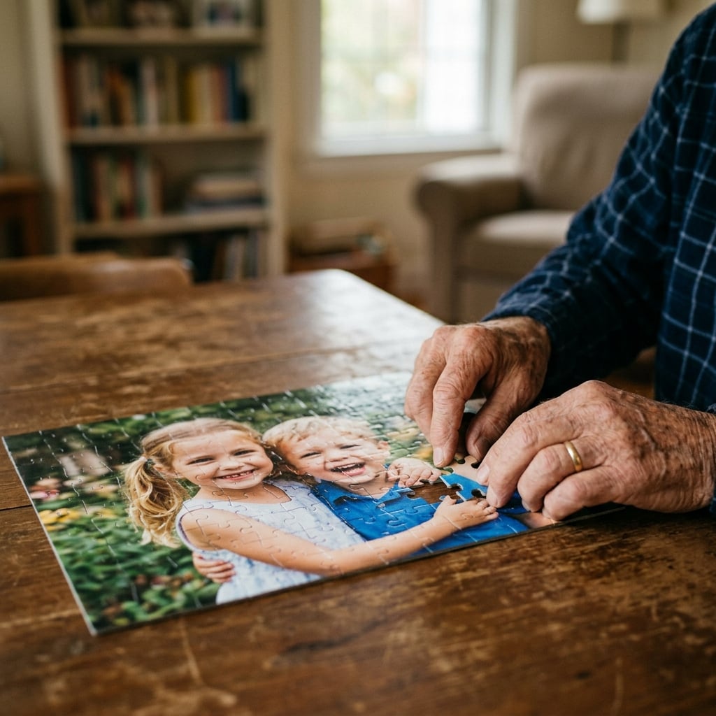 Primer plano de las manos de un abuelo colocando con cuidado la última pieza de un puzzle fotográfico personalizado ya completado. El puzzle muestra un retrato sonriente de sus dos nietos pequeños. El fondo está suave y desenfocado, enfatizando el momento emotivo.