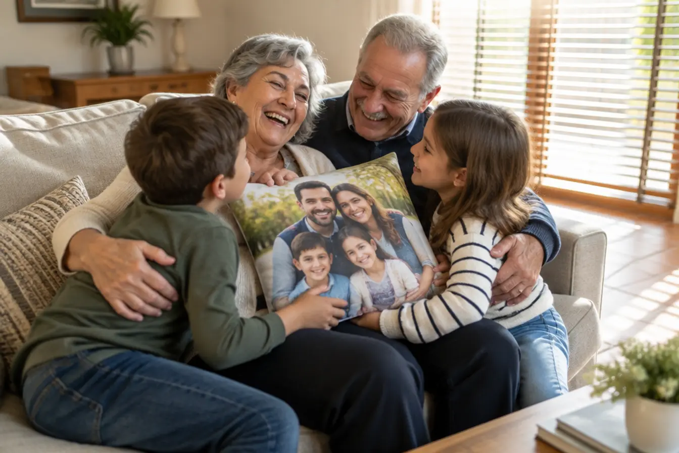 Los abuelos abrazan a sus nietos con un cojín de fotos