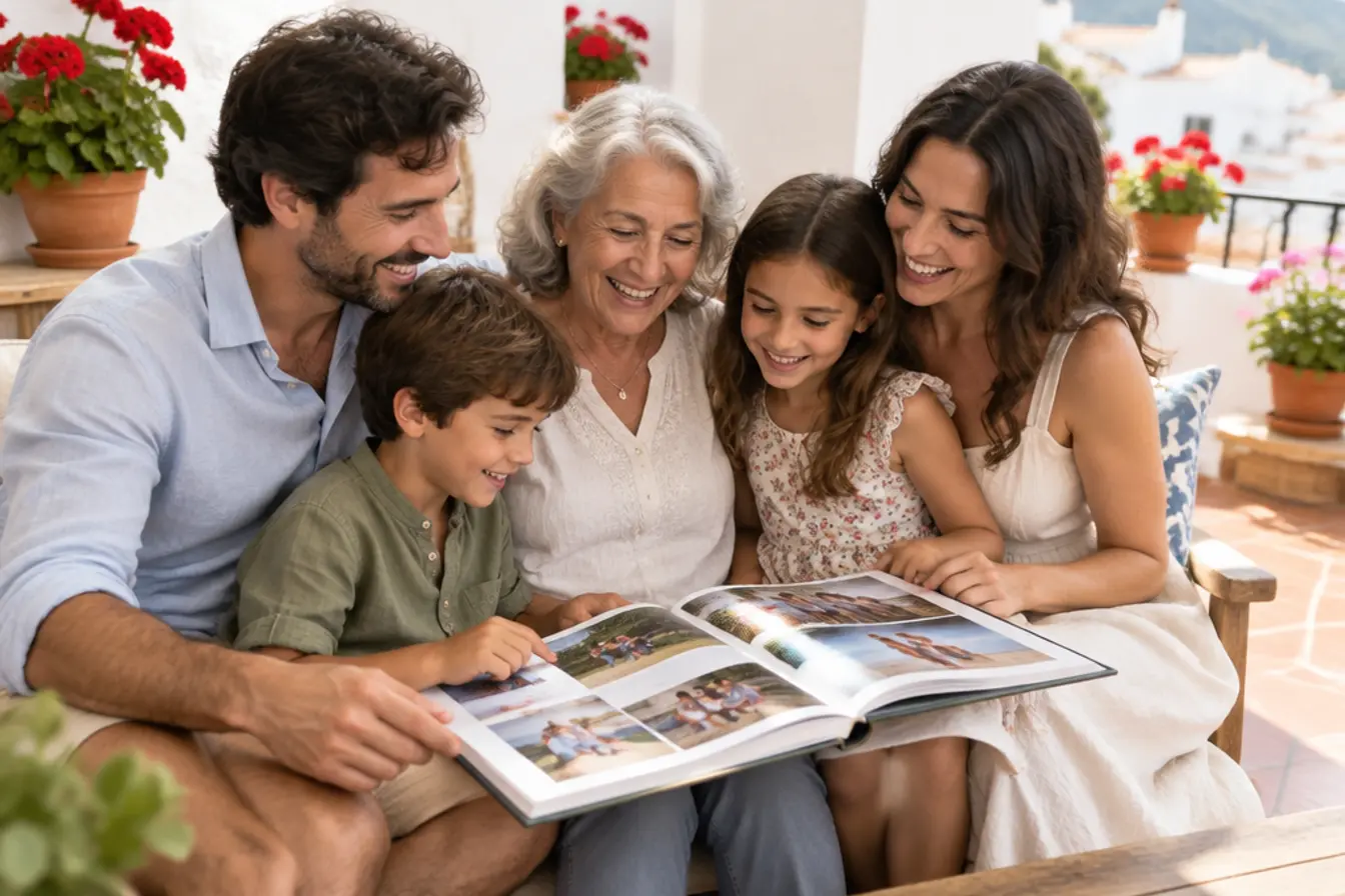 Una familia con los abuelos hojea su fotolibro en la terraza