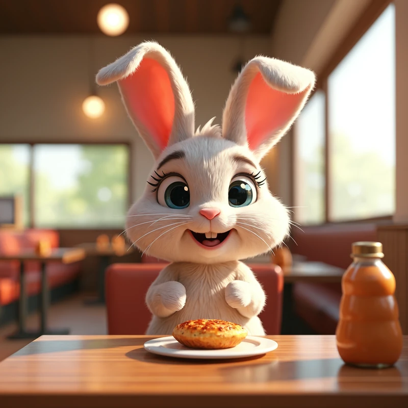 La misma imagen del conejo, nítida: se ven bien los bigotes, los ojos y un pastel en el plato