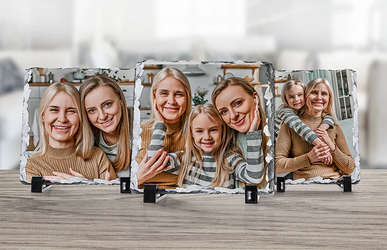 Pizarra de Foto de Piedra|Pizarra de piedra con foto familiar|vista lateral de la pizarra de piedra con bebé, mamá y papá|dos jóvenes impresos en una piedra|Regalo personalizado Piedra con imagen impresa||||||
