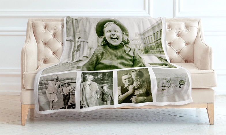 Manta de Foto Tacto Visón de Printerpix|Mantas de Fotos|Manta de foto grande en cama doble con foto de niña|Imagen de manta de foto con comparación de tamaño|Imagen de collage en blanco y negro de manta de foto||||||