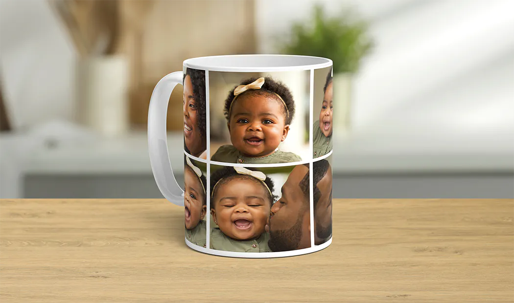 Tazas con collage de fotos de Printerpix|Taza diseñada a medida con collage de fotos de la pareja y su bebé de Printerpix|Primer plano de taza de fotos personalizada con un collage de fotos familiares y texto|Primer plano de taza con collage de fotos de una pareja joven|Chica sosteniendo taza con diseño de collage de fotos de pareja|Dos tazas de fotos personalizadas con imágenes y texto de temática romántica y familiar|||||