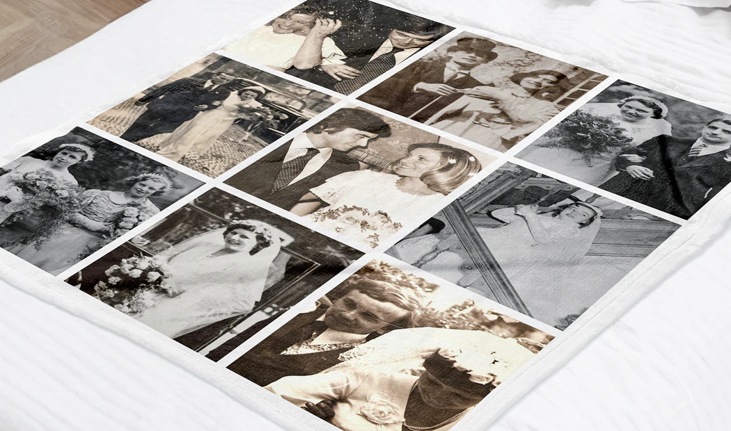 Manta de Foto Tacto Visón de Printerpix|Mantas de Fotos|Manta de foto grande en cama doble con foto de niña|Imagen de manta de foto con comparación de tamaño|Imagen de collage en blanco y negro de manta de foto||||||
