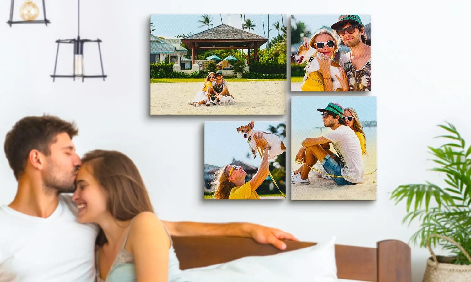 Pared con 6 lienzos de diferentes tamaños, etiquetados con dimensiones, de varias fotos familiares