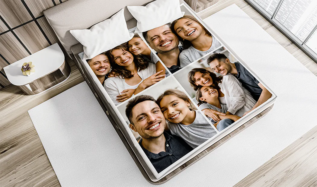 Manta de Foto Tacto Visón de Printerpix|Mantas Personalizadas|Manta de foto grande en cama doble con foto de niña|Imagen de manta de foto con comparación de tamaño|Imagen de collage en blanco y negro de manta de foto||||||