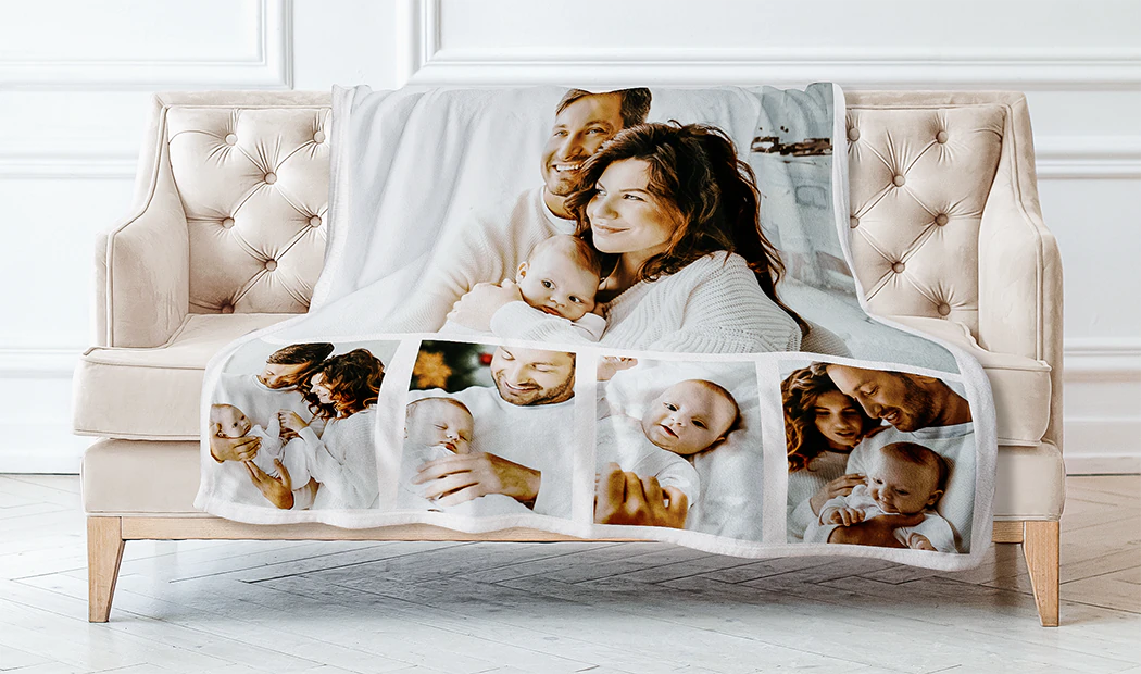 Manta de Foto Tacto Visón de Printerpix|Mantas Personalizadas|Manta de foto grande en cama doble con foto de niña|Imagen de manta de foto con comparación de tamaño|Imagen de collage en blanco y negro de manta de foto||||||