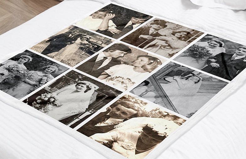 Manta de Foto Tacto Visón de Printerpix|Mantas Personalizadas|Manta de foto grande en cama doble con foto de niña|Imagen de manta de foto con comparación de tamaño|Imagen de collage en blanco y negro de manta de foto||||||
