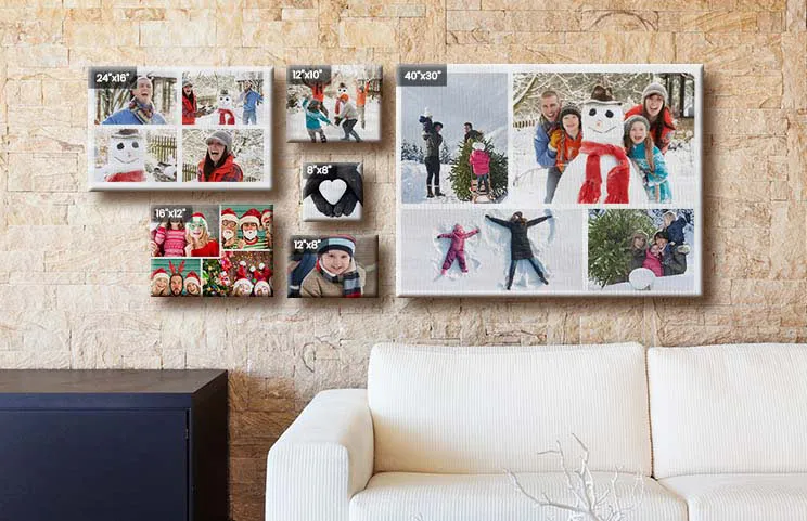Collage de fotos de vacaciones en impresión sobre lienzo colgado en la pared