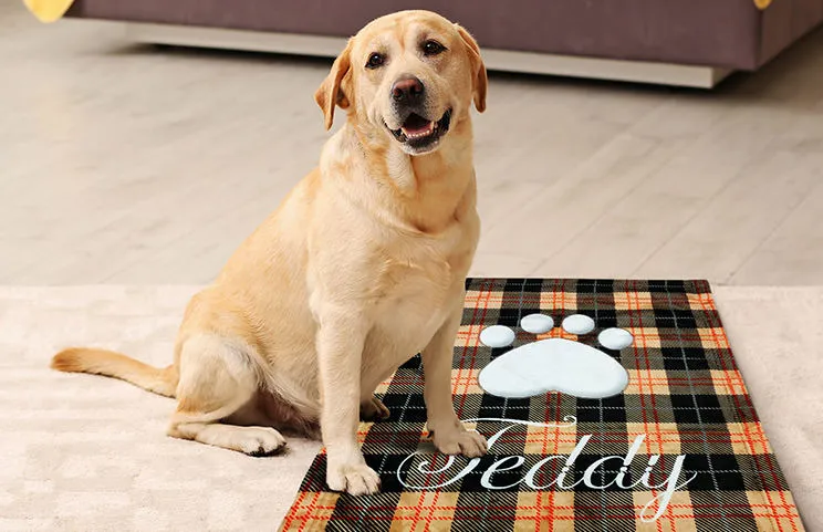 Perro labrador en manta personalizada con nombre del perro y diseño de huellas