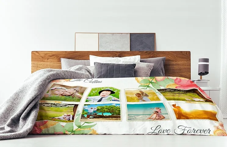 Manta grande personalizada toque de visón en cama doble con collage de fotos familiares