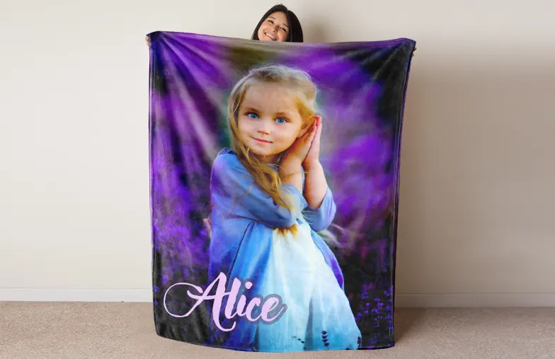 Manta de fotos grande en cama doble con foto de niña