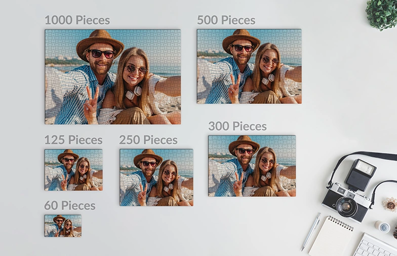 Puzzles de fotos personalizados: crea el tuyo propio de 60 a 1000 piezas. Ejemplo de escena de playa mostrado.