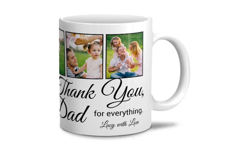 Mamá y bebé sosteniendo una taza personalizada con diseño de dibujos animados de Printerpix con texto para papá