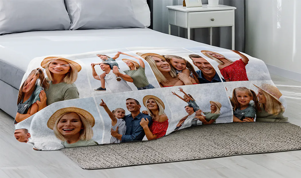 Manta de foto grande en cama doble con foto de niña