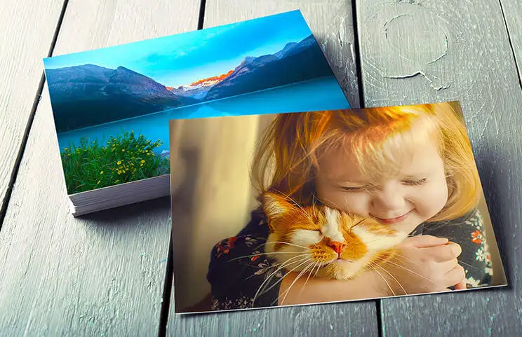 Pila de impresiones fotográficas familiares de niña y gato del servicio de impresión de fotos