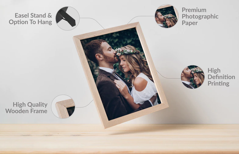 Impresión de foto personalizada en un marco de madera de alta calidad, con soporte de caballete u opción para colgar. Papel premium e impresión de alta definición.