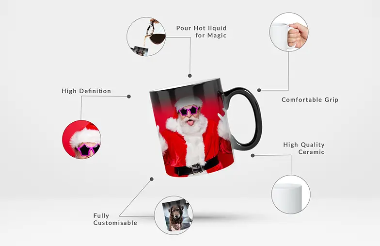 Taza mágica personalizada: Diseño de Papá Noel en alta definición revelado con bebidas calientes. Totalmente personalizable, cerámica de alta calidad.