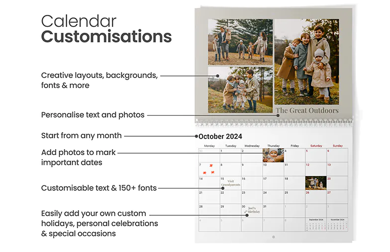 Calendario personalizado 2025: añade tus fotos y eventos, elige entre más de 150 fuentes y diseños creativos. ¡Crea tu año perfecto!
