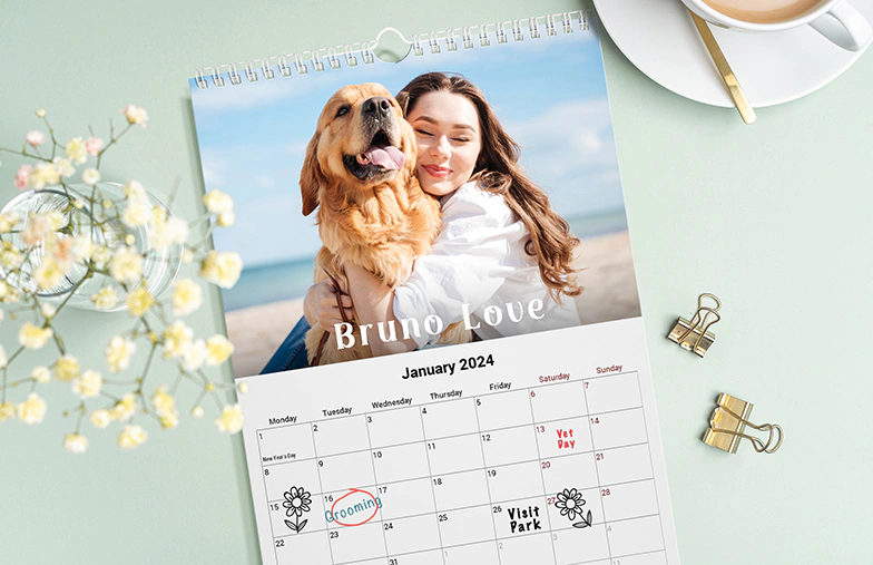 Pareja romántica en la sala de estar con calendario de pared 2020 personalizado con foto de propuesta