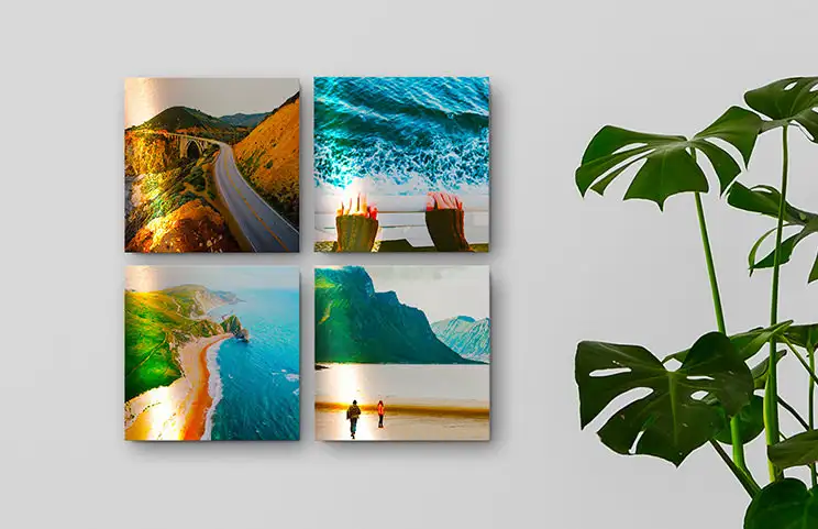 cuatro impresiones de fotos en panel de exhibición de metal con fotos de vacaciones