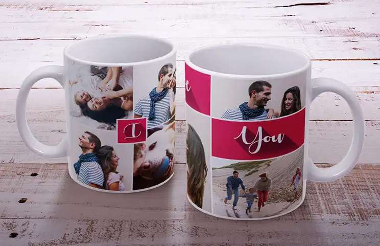 Dos tazas de fotos personalizadas con imágenes y texto de temática romántica y familiar